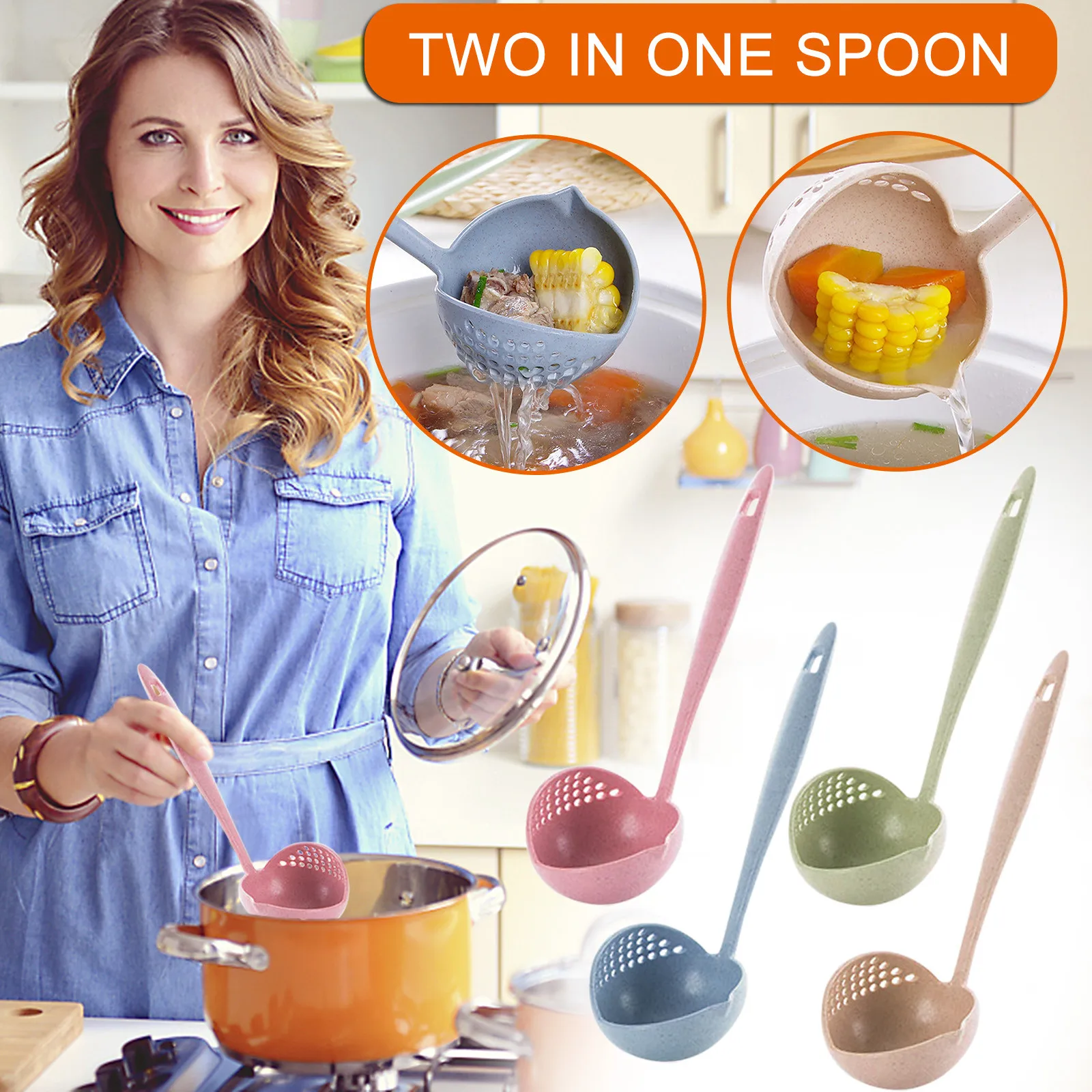 

1PCS 2-in-1 Long Handle Filter Skimmer Hot Pot Porridge Soup Spoon