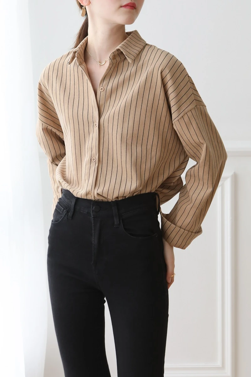 

Houthion Chiffon Slim Women's Blouses New Casual Blouse Fashion Long Sleeve Top Stripe Buttons Polo Shirt Spring/autumn