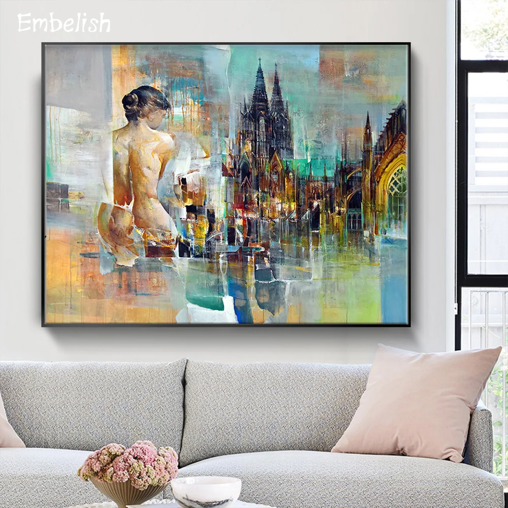 

1 Pieces Nude Girl And City Landscape Watercolor Wall Pictures For Living Room Modern Home Decor Posters HD Canvas Oil Paintings
