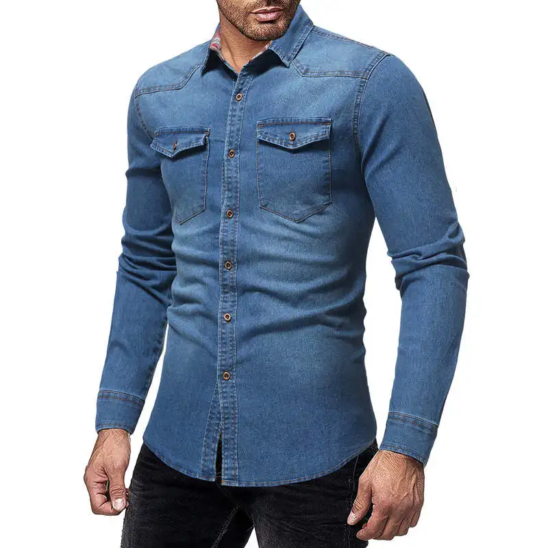 Джинсовая рубашка мужская повседневная приталенная с длинными рукавами 2019