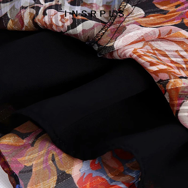 

INSRPLS Women Fashion Floral Print Pleated Mini Dress Vintage Bow Tied Collar Long Sleeve With Lining Female Dresses Mujer