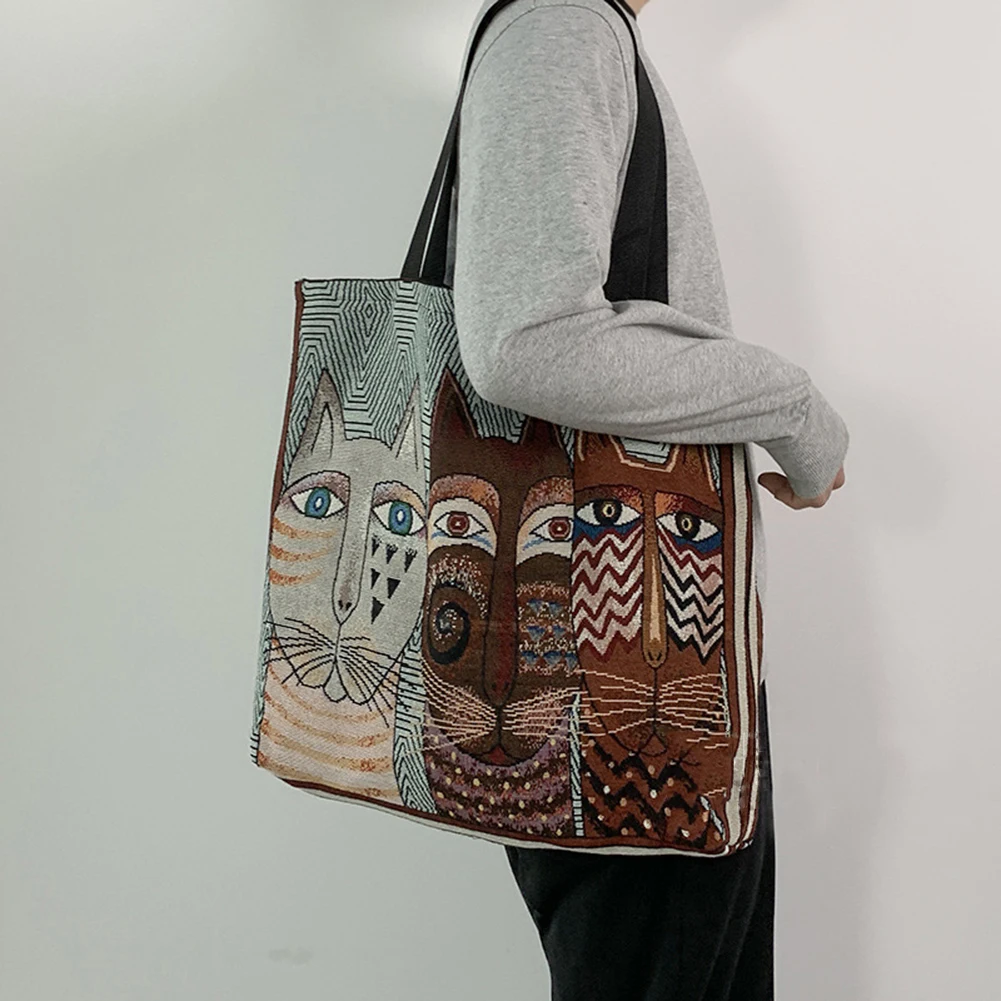 

Сумка для покупок с мультяшным принтом кошки, вместительные элегантные модные дамские сумочки на цепочке в студенческом стиле