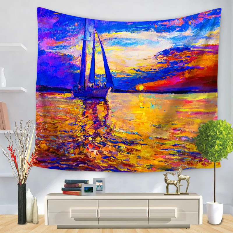 

Colorful Sailboat Oil Painting Tapestry Wall Fabric Boho Home Decor Hanging Wall Tapestries Picnic Beach Blanket Wall Decoration