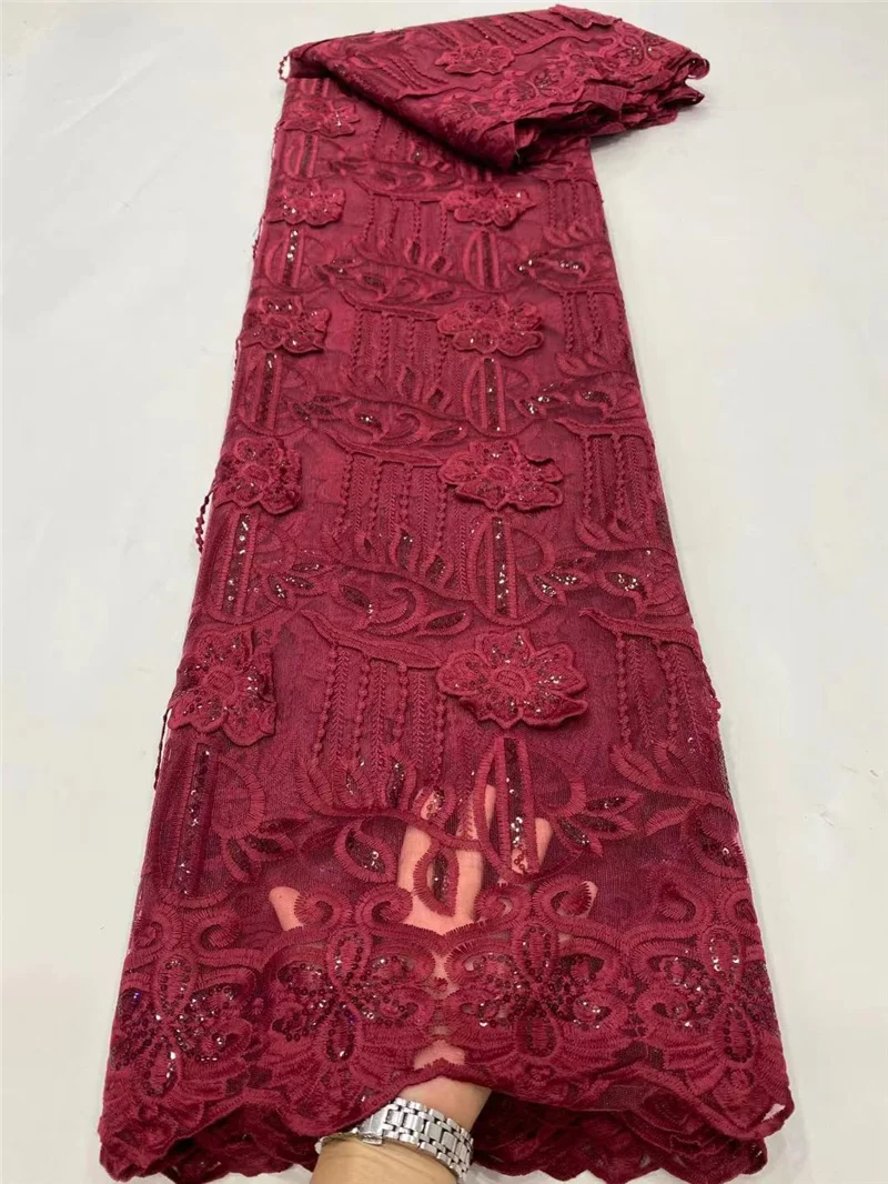 

PGC Wine African Sequins Lace Fabric 2021 High Quality Milk Silk Material Lace Nigerian Wedding Lace Fabric For Wedding NI5202-7