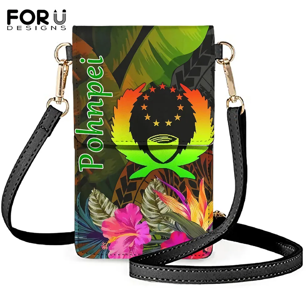 

FORUDESIGNS Stylish Mobile Phone Pouch for Women Polynesian Pohnpei Hibiscus Pattern Leather Shoulder Bags High Quality Handbags