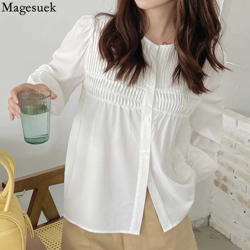 

Vintage Pleated Button Up Shirt Women Fashion New Puff Sleeve Women's Blouses Casual Korean Loose Ladies Tops Blusas Mujer 16742