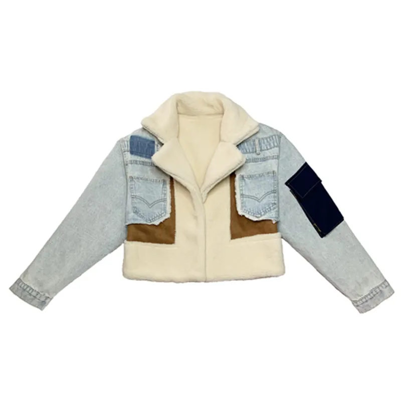 Стильное пальто из джинсовой ткани в стиле пэчворк овечьей шерсти Женская