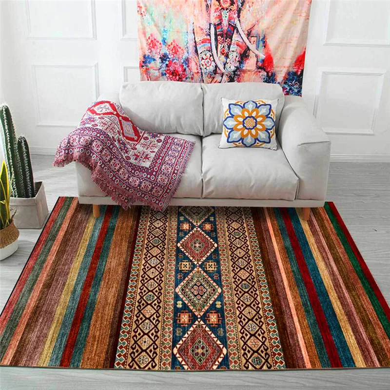 

Fashion Geometric Ethnic-Style Striped Rug Dark Bedroom Living Room Carpet Kitchen Bathroom Floor Mat Bed Blanket