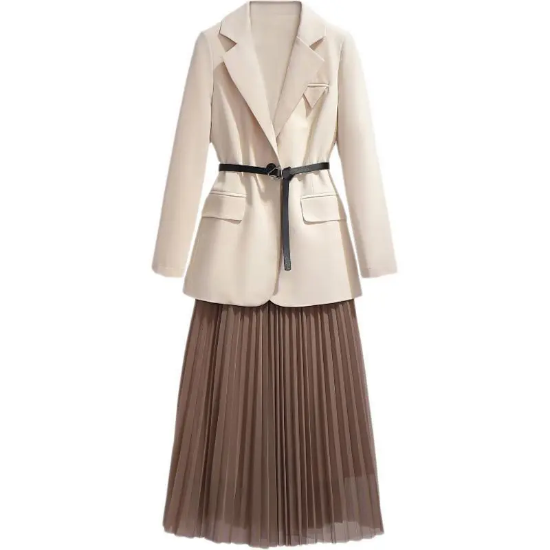 

Plus Size Women's Spring And Autumn 2021 New Fashion Slim Suit Loose Temperament Pleated Skirt Two Piece Set Blazer Jacket