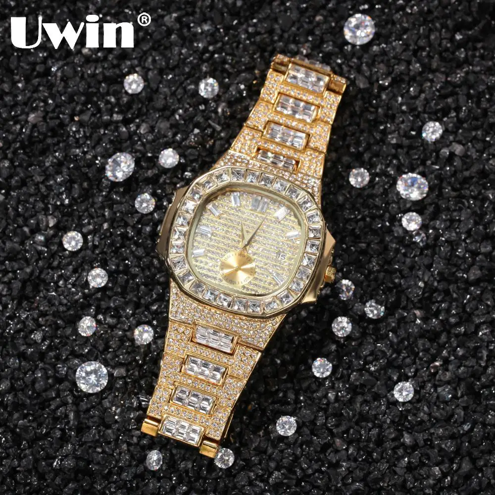 Часы UWIN кварцевые в стиле хип хоп со стразами|Кварцевые мужские часы| |
