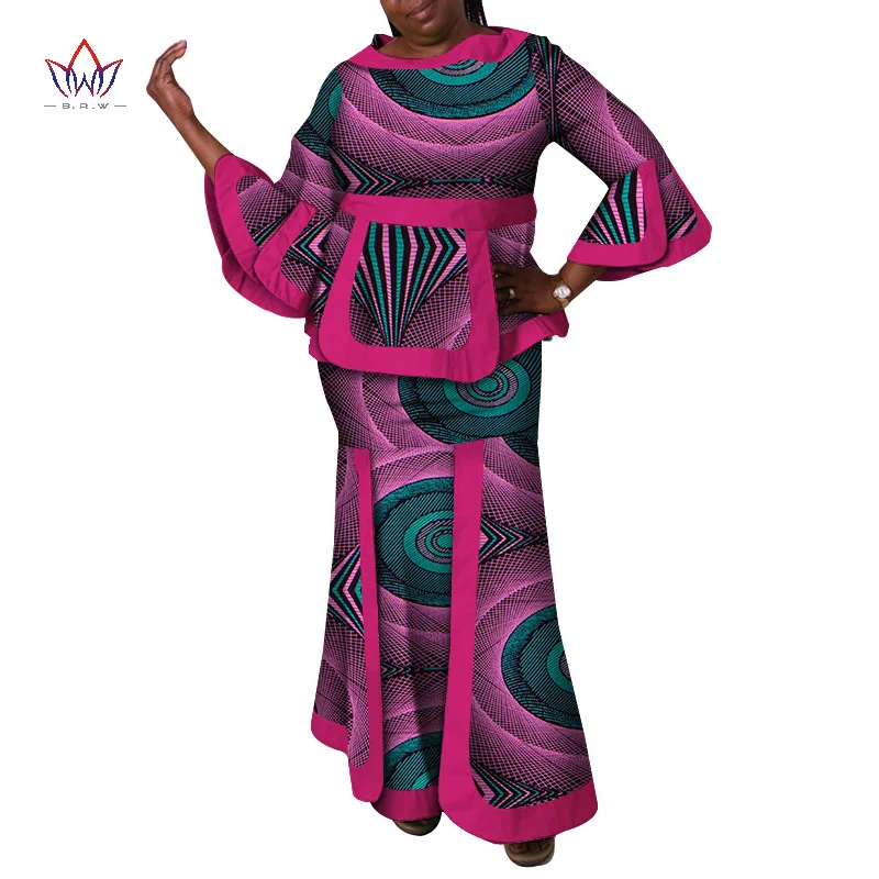 2021 New Autumn African Women Two-pieces Set Long Ruffle Sleeves + Mermaid Ankle Length Skirt 2 Pieces African Style WY2718