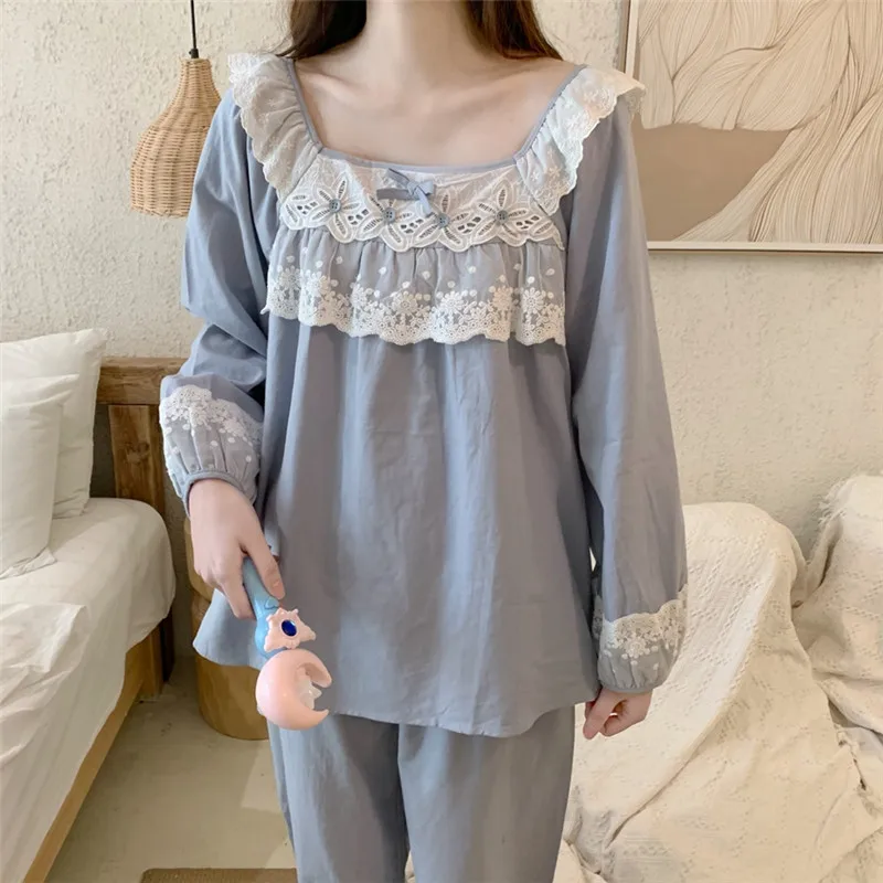 

CBAFU lace patchwork 100% cotton pajamas set spring autumn sleepwear 2 piece set trousers pyjamas pants tops homewear cute M651