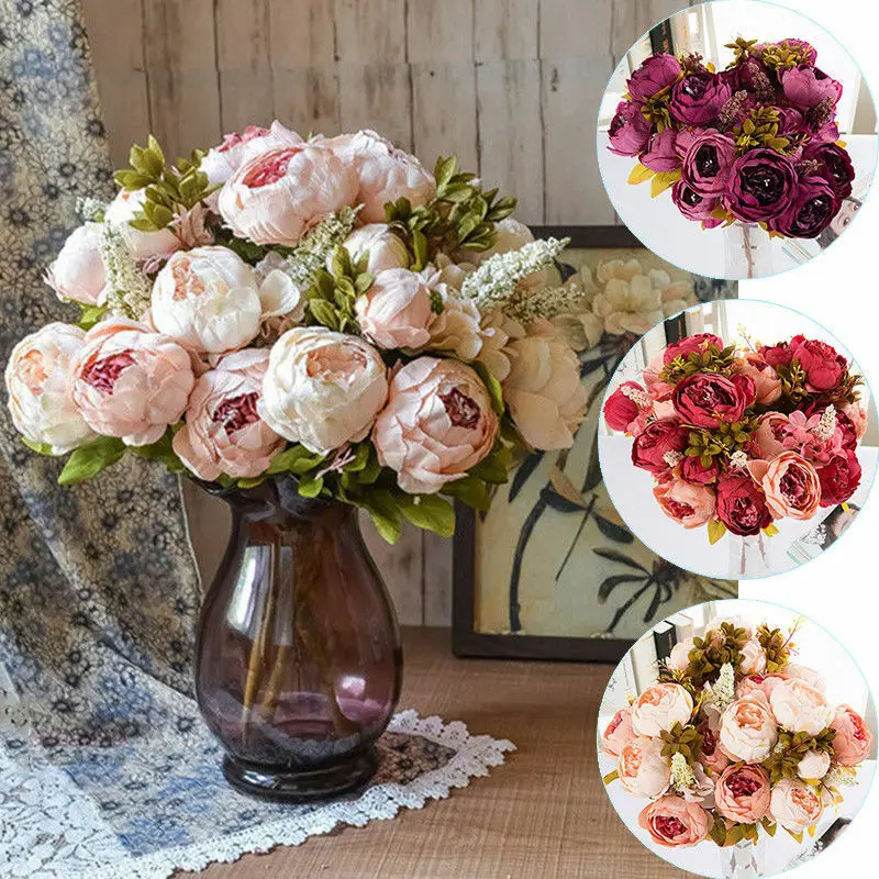 Искусственные розы розовые цветы букет 5 большой головы и 4 бутона для украшения