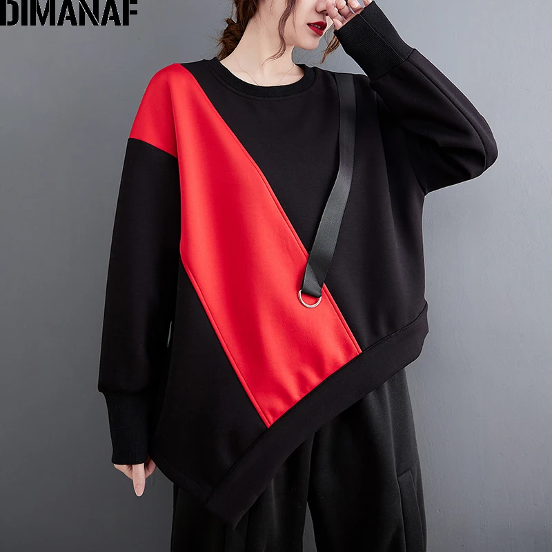 

DIMANAF Hoodies Sweatshirt Women Clothing Pullover Fashion Lady Tops Oversize Loose Casual Cotton Black Spliced Autumn Spring