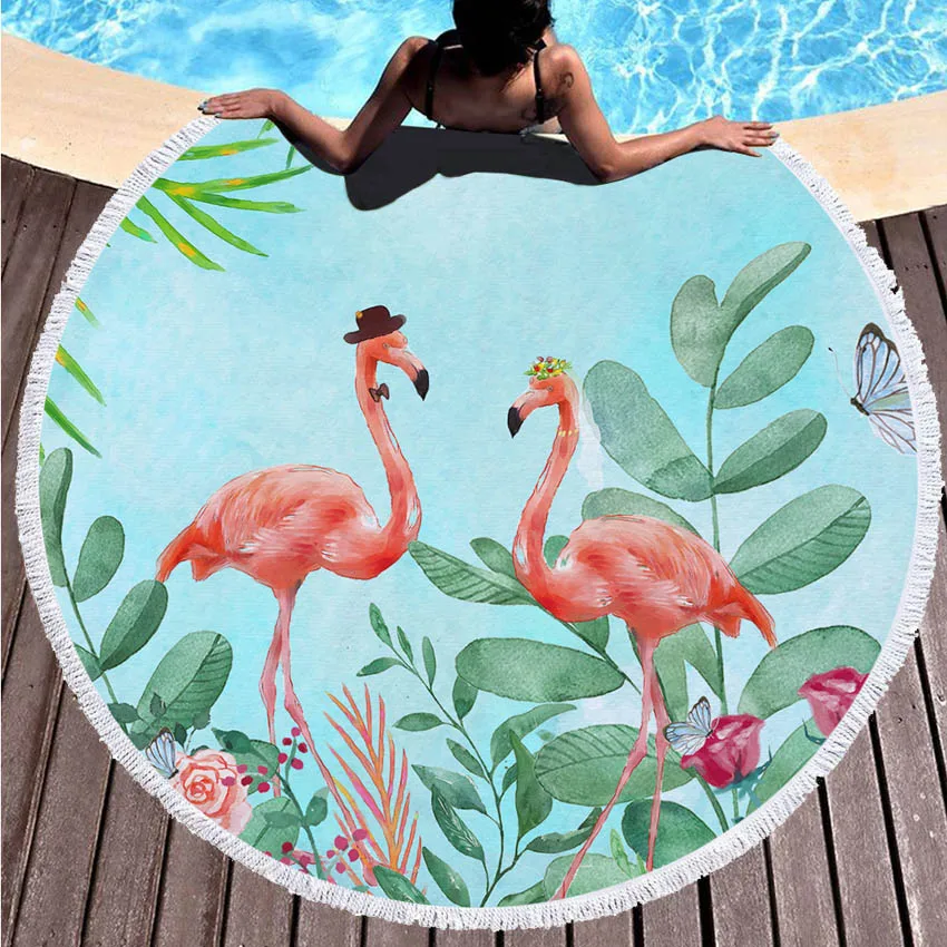 

Круглое пляжное полотенце с фламинго, летнее пляжное полотенце с листьями для душа, для взрослых, одеяло, настенный гобелен, банное полотенц...