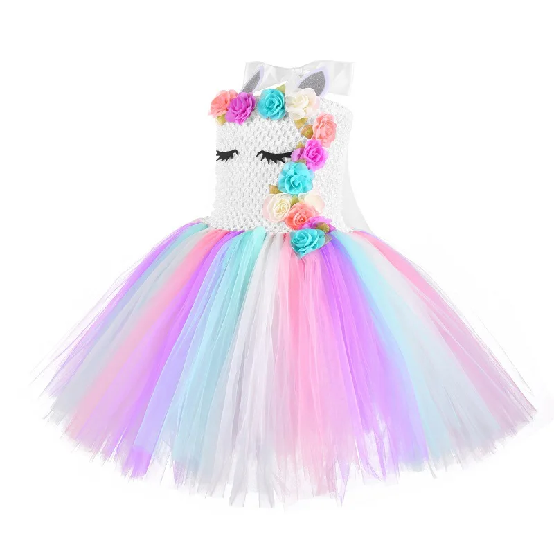 purim kids rainbow unicorn dress with flower angel wings party dress for girl princess costume ball gown baby girls pony costume free global shipping