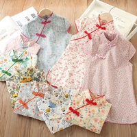2021 hot summer 2 3 4 6 7 8 9 10 years chinese ethnic vintage style crew neck floral cotton cheongsam dress for kids baby girl