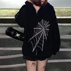 Осенне-зимняя куртка на молнии, верхняя одежда, черные готические Стразы в стиле Харадзюку, пальто с капюшоном в виде паутины, женские повседневные толстовки в стиле панк