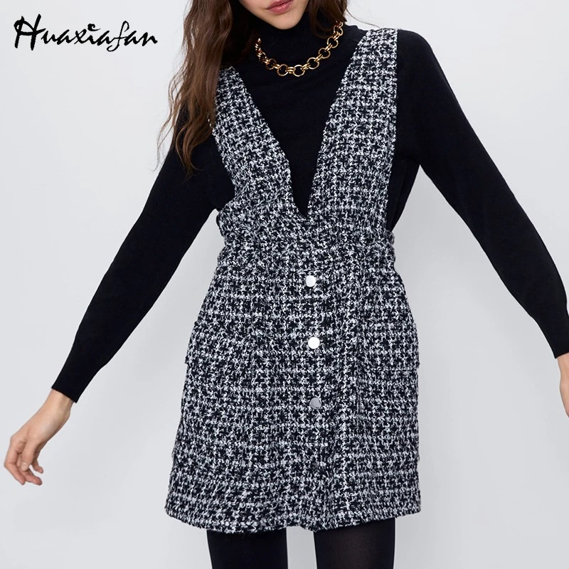 Huaxiafan Women Dress Autumn Tweed Blend Wide Strap Plaid Front Buttons Fly Flared Hem Female Overall Mini Tank Dresses | Женская одежда