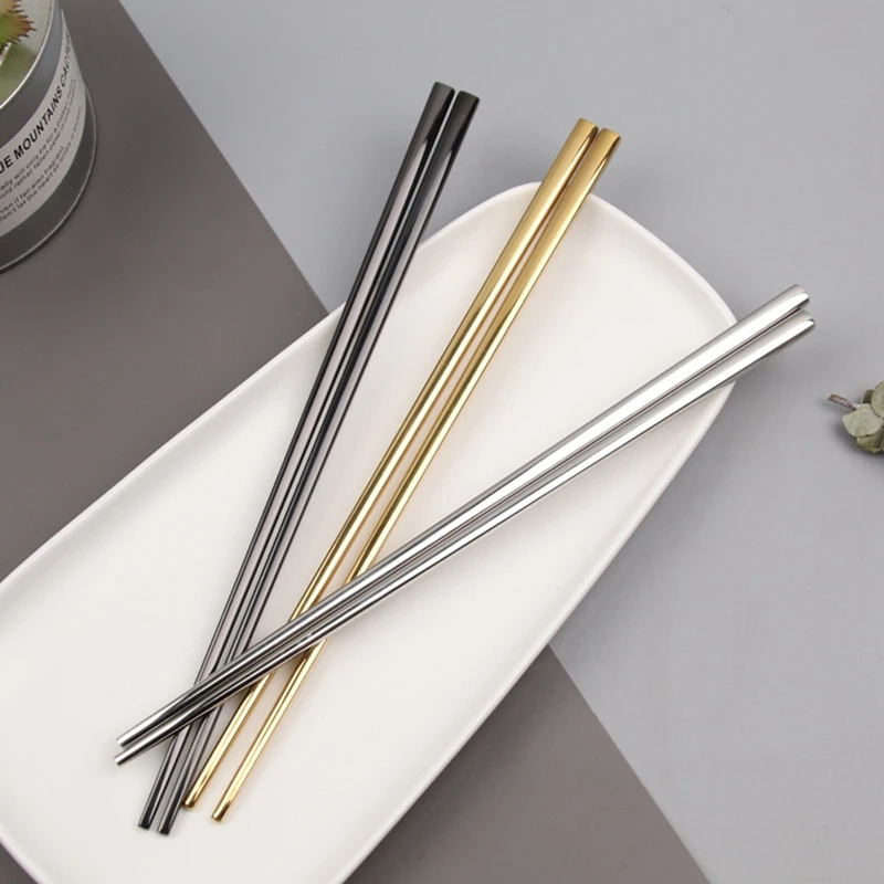 

1 Pair Titanium Plated Stainless Steel Square Chopsticks Color Non-slip Metal Reusable Tableware Household Restaurant Chopsticks