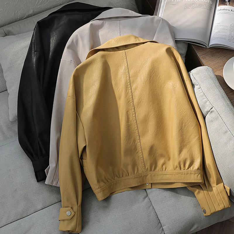 

2021 New Autumn Women Faux Leather Jacket Fashion Loose Soft Pu Motorcycle Punk Leather Biker Coat For Female Outwear