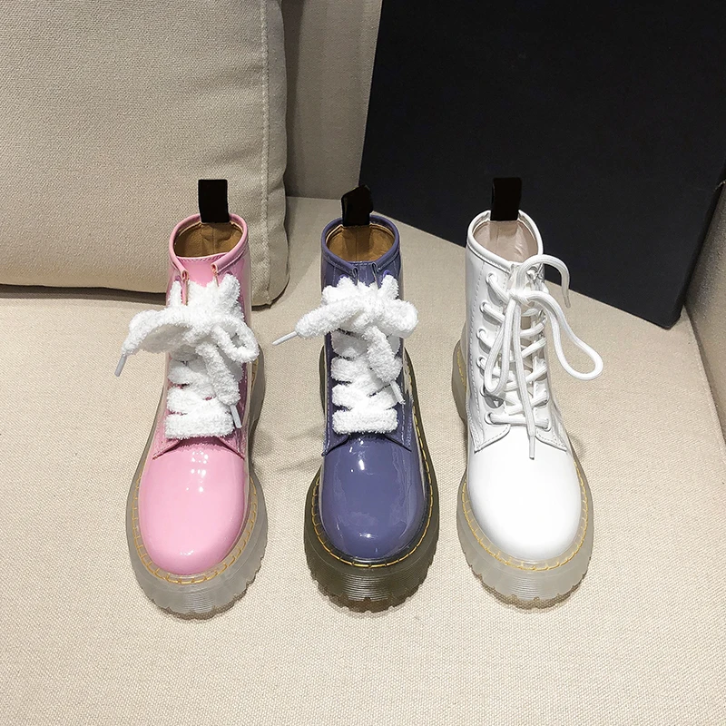 

Fashion Women's Candy Color Ankle Boots Lace Up Shinny Leather Low Heels Round Toe B144