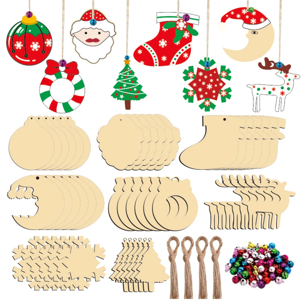 1 Set Hanging Drop Handmade Wood Kit Christmas Bells Woodwork Ornaments Crafts Wood+rope for DIY Home Decoration