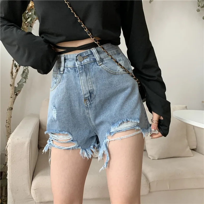 

2021 Denim Shorts Female Summer Fashion New Loose High Waist Net Red Wearing A Hole Showing Thin Leg A Hot Women Short Jeans