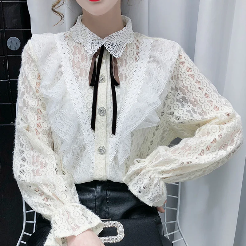

2021 New Spring Long Sleeve Lace Shirt Elegant Slim Turn Down Collar White Women Tops Plus Size Loose Ruffle shirt