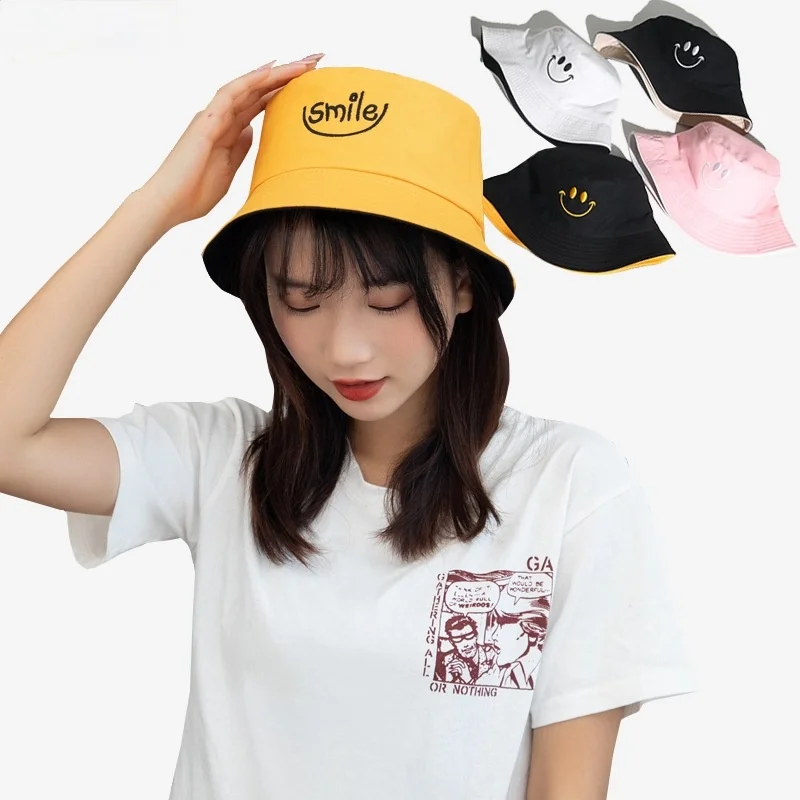 

ins smiley fisherman hat UV sunscreen visor fresh embroidery ladies bucket hat Panama