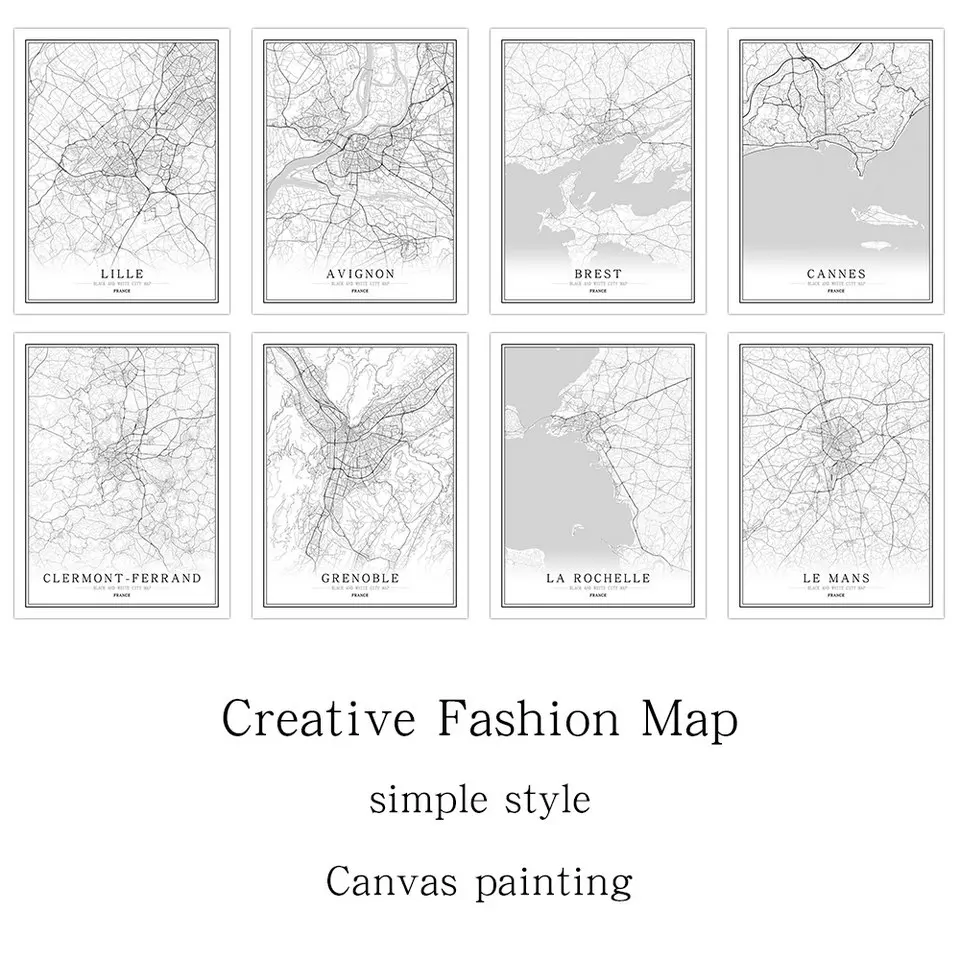 Франция черный белый цвет карта городов мира плакат Nordic Гостиная Париж Ренн
