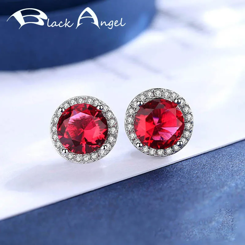 

BLACK ANGEL 925 Sterling Silver Luxury Ruby Stud Earrings For Women Bride Red Gemstone Wedding Jewelry Wholesale Christmas Gift