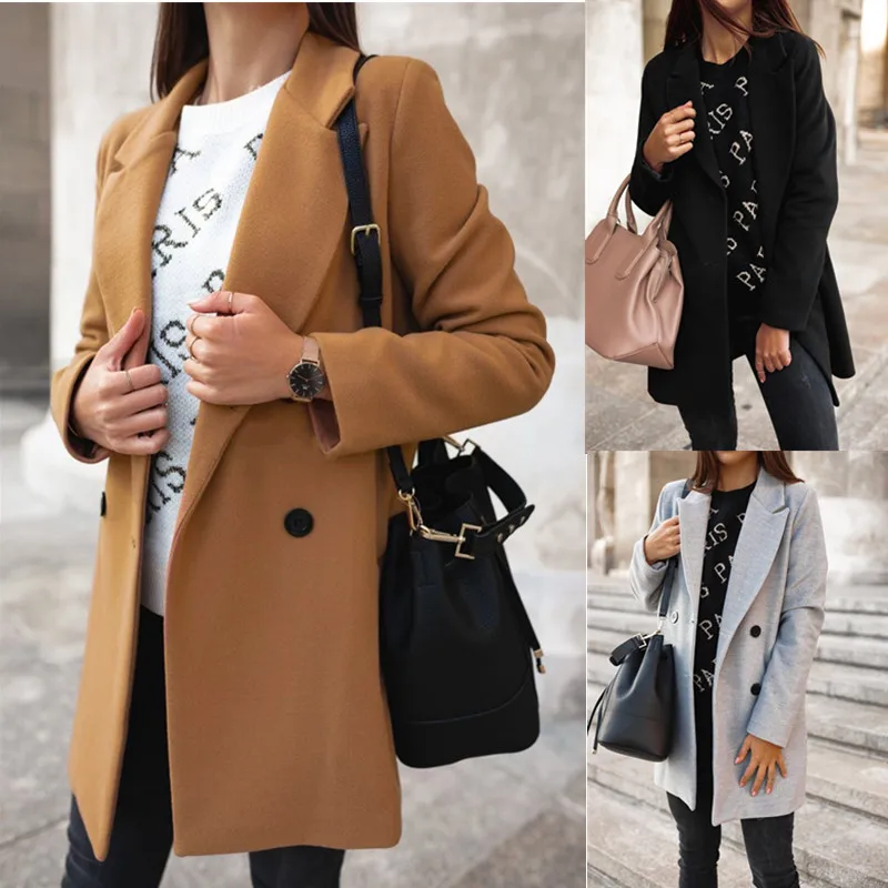 

2020 New Autumn Winter Solid Jacket Long-Sleeved Double-Breasted Blazer With Wool Coat For Women Street Fashion Slim Coats