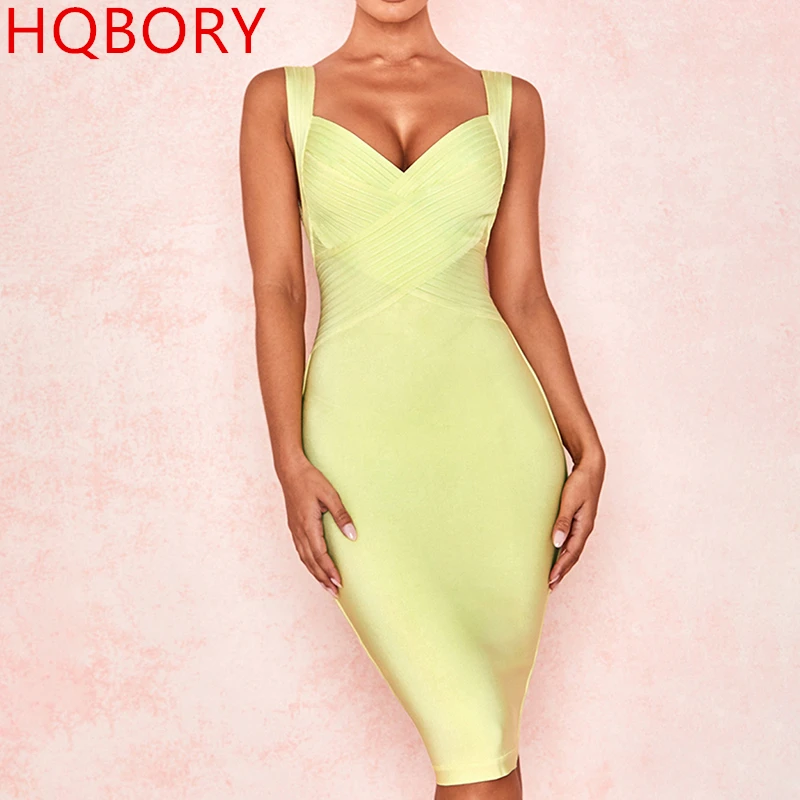 Женское Бандажное Платье До Колена светло желтое облегающее платье на бретелях с