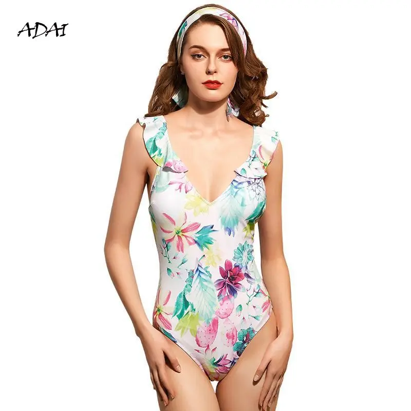 

Sexy Print Swimwear Women Ruffle Deep V-neck One Piece Swimsuit Bodysuit Backless Cross Bathing Suits Beach Wear Swim Suit 2021