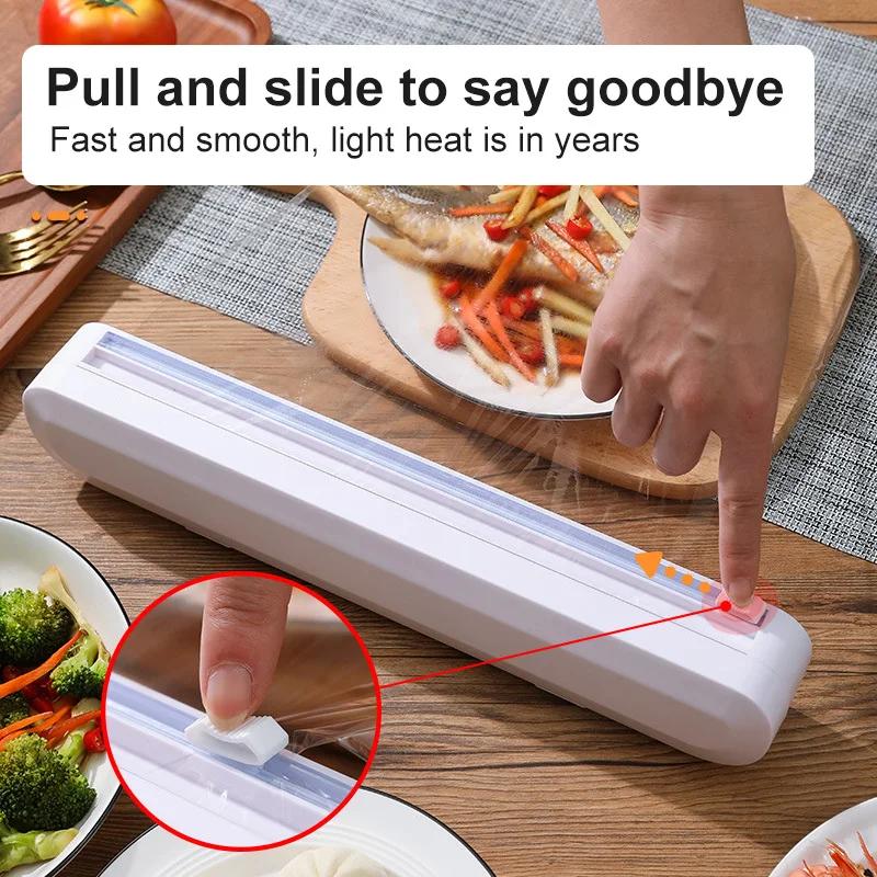 

ToolsPreservation Foil Storage Box With Suction Bottom Adjustable Cling Film Cutter Plastic Food Wrap Dispenser With Slide Cut
