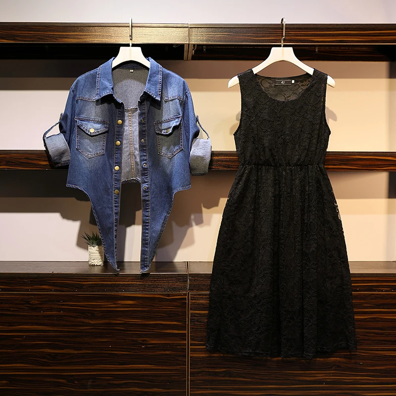 Женский джинсовый топ и черное платье размера плюс 5XL 2019 комплект из двух
