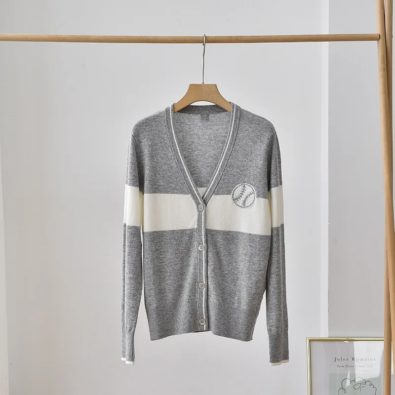 

Masigoch england styles 100% cashmere striped v neck knitwear outerwear ladies trendy buttons cardigan female short jacket