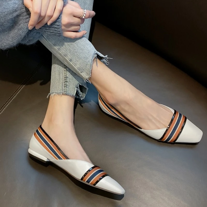 

RIZABINA Real Leather Women Shoes Mixed Color Slip On Women Flats Patchwork Square Toe Party Casual Female Footwear Size 34-39