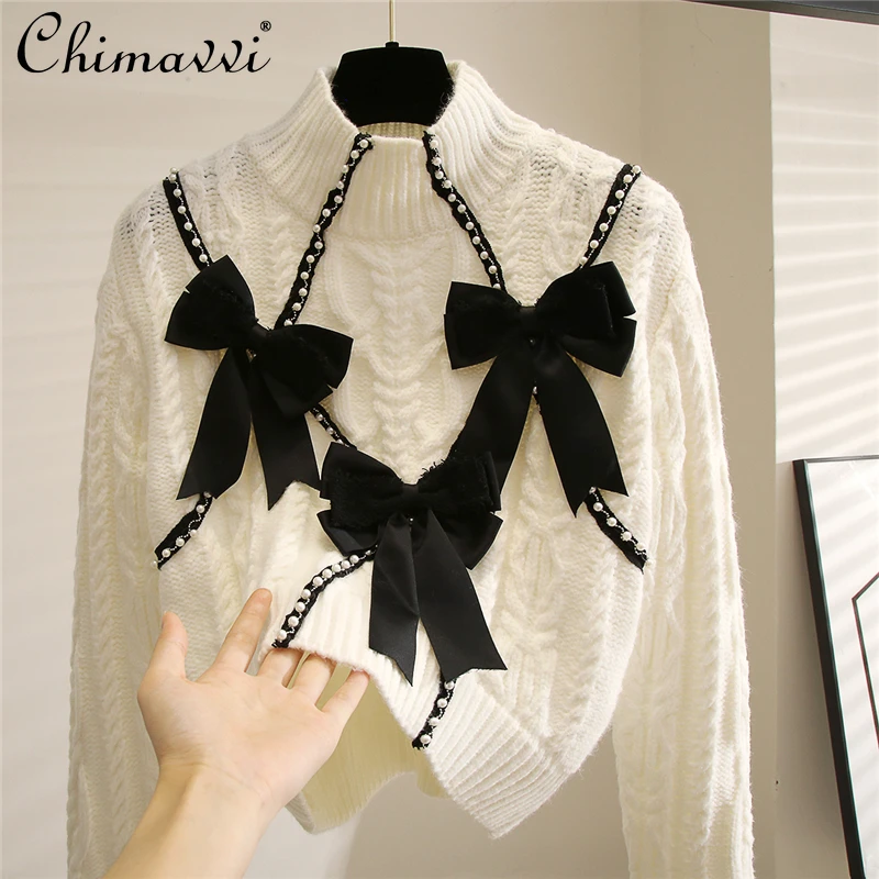 

Женский вязаный пуловер, белый толстый свитер с вышивкой и бантом, Осень-зима 2021