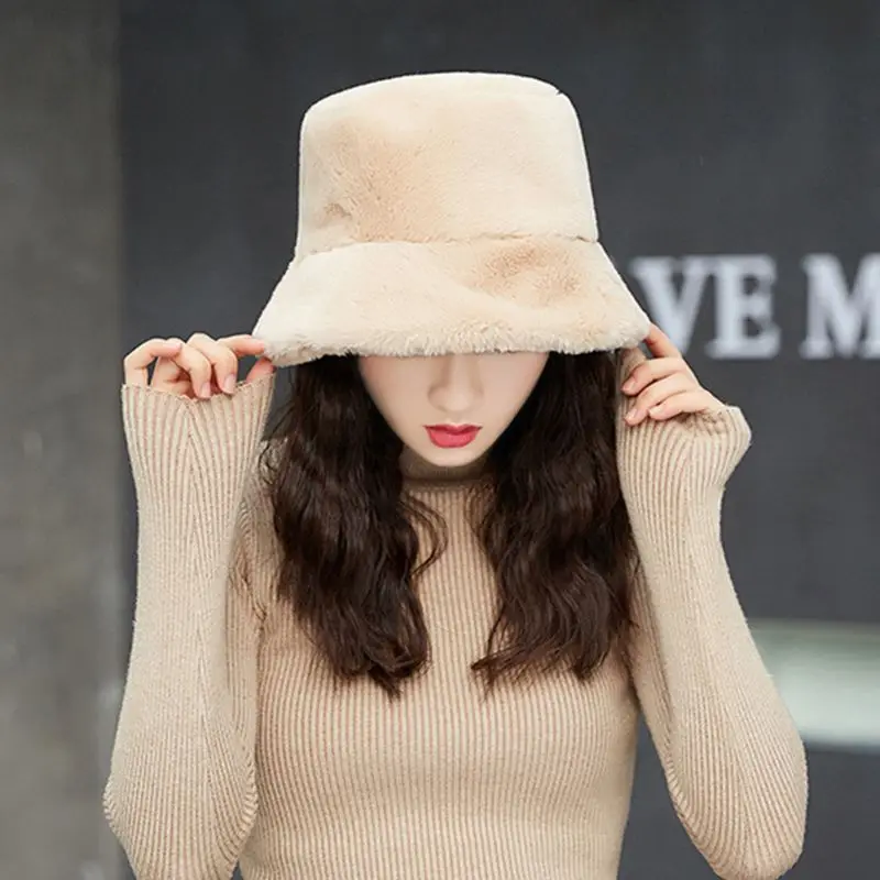 

Womens Winter Thicken Fluffy Plush Fisherman Cap Solid Color Wide Brim Sun Hat