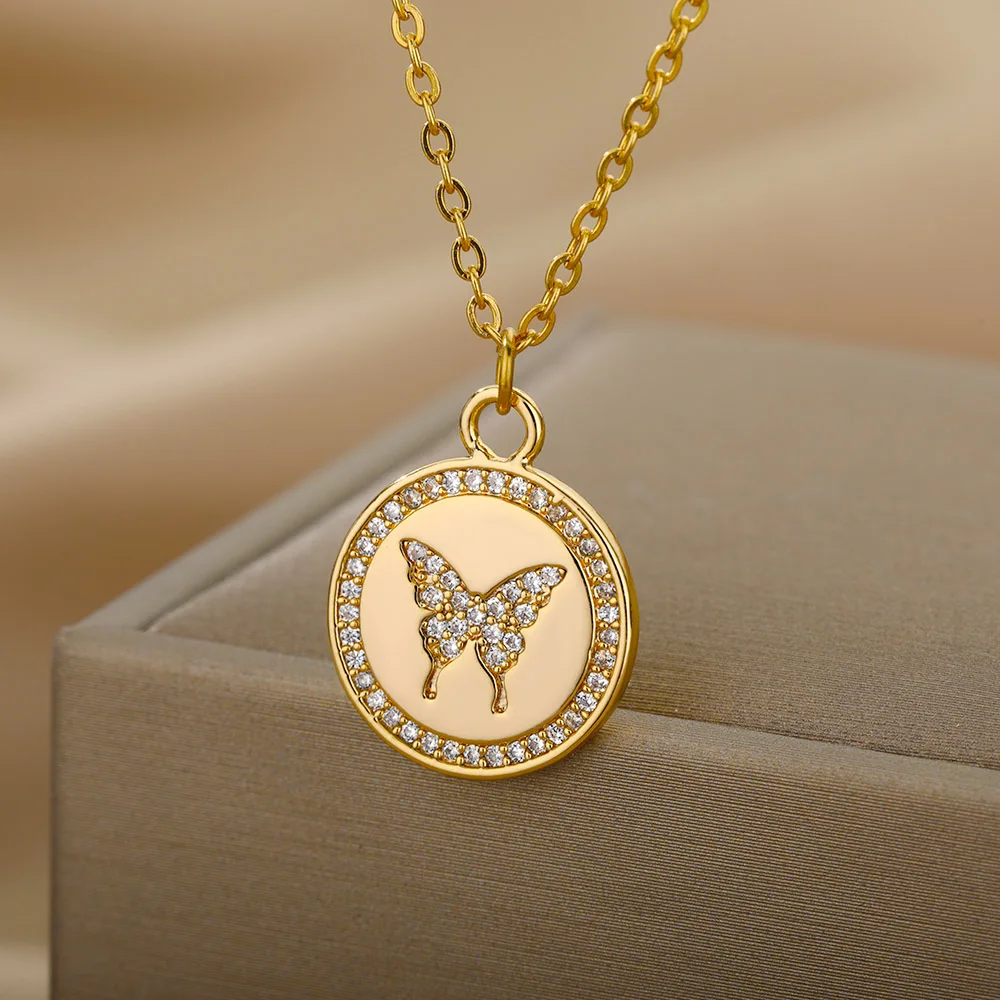 

Stainless Steel Gold Butterfly Necklace Zircon Round Butterfly Necklaces For Women Statement Fashion Jewelry Girlfriend Gift