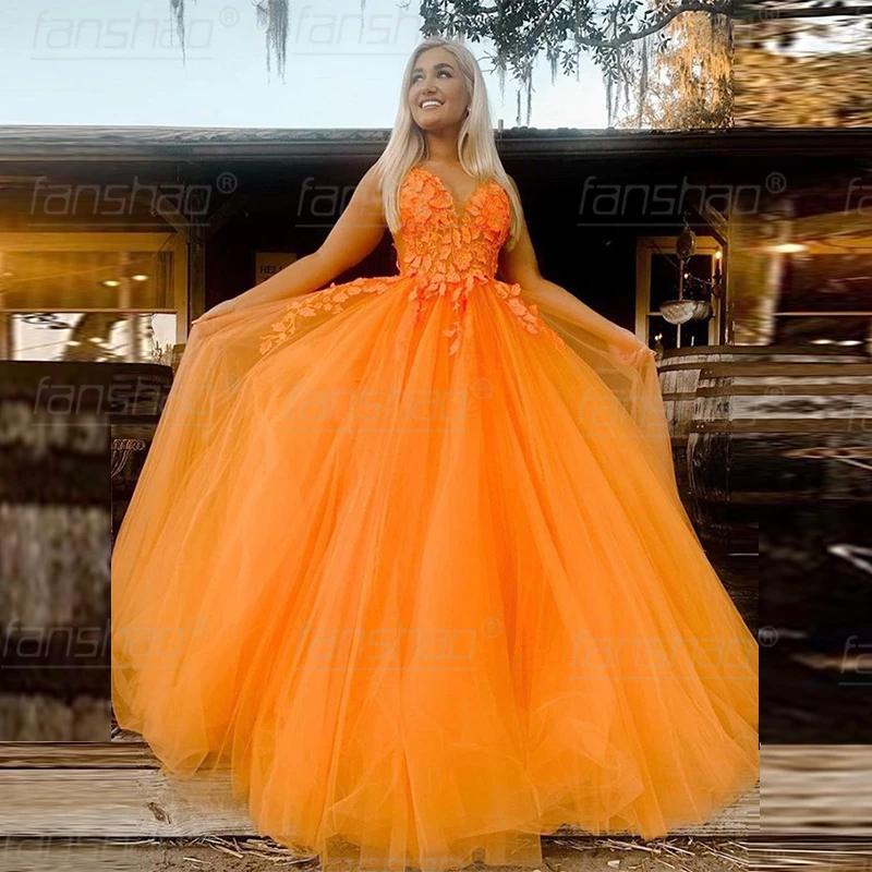 Женское платье на тонких бретельках Fanshao оранжевое Тюлевое без рукавов с