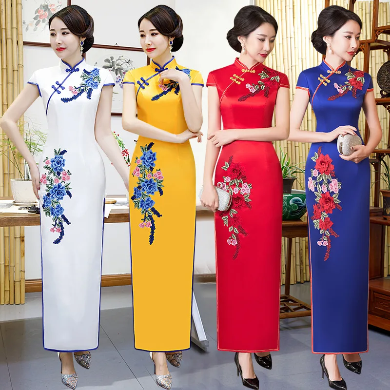 Белое Женское длинное платье Ципао с вышивкой вечерние платья коротким рукавом