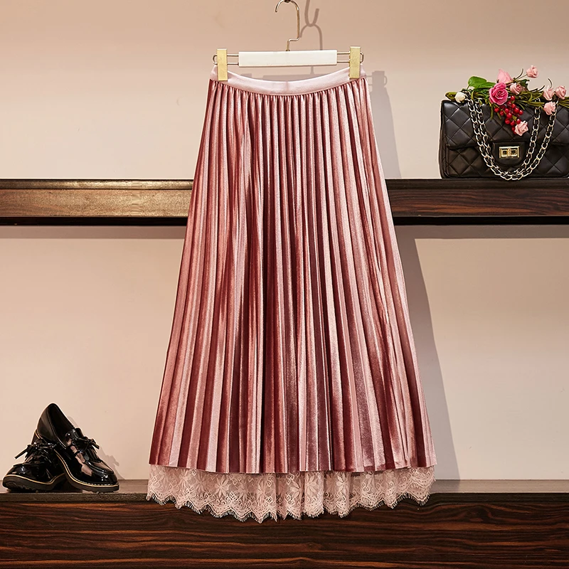 

Double-sided skirt 2020 autumn and winter gold velvet lace stitching mesh skirt female pleated skirt A-line skirt