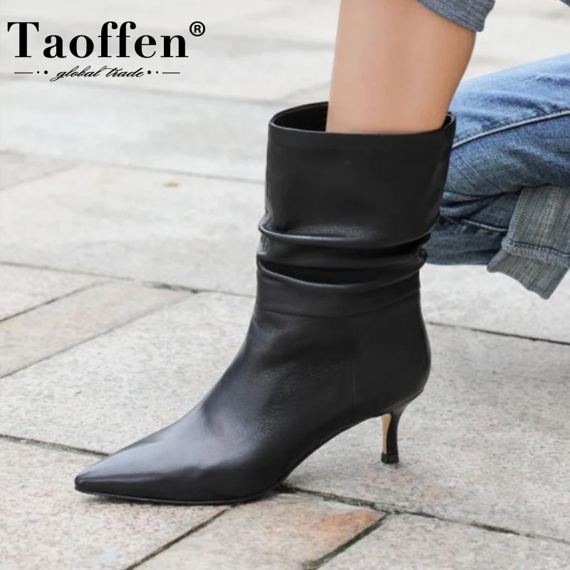 

Taoffen Women Genuine Leather Ankle Boots Shoes Pointed Toe Thin Heels Slip On Western Boots Slip On Ladies Footwear Size 34-39