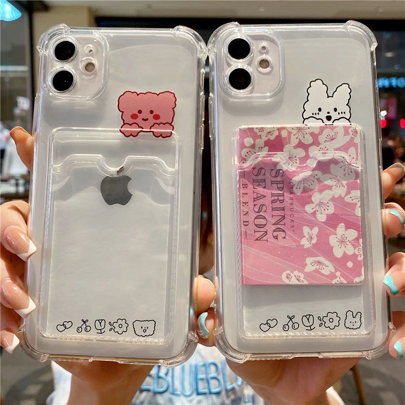 

Fashion Shockproof Case for iPhone 13 12 11 Pro Max XS Max XR X XS 8 7 Plus Case bear rabbit Airbag card slot Silicone TPU Cover