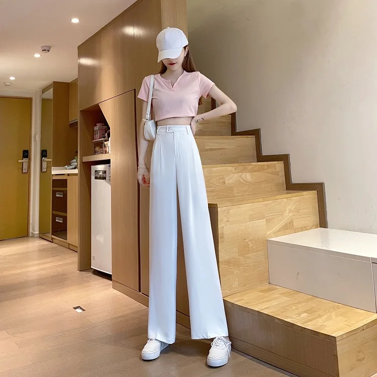 

Новинка 2185, женские тонкие и тонкие черные летние повседневные брюки с широкими штанинами и высокой талией, 2021