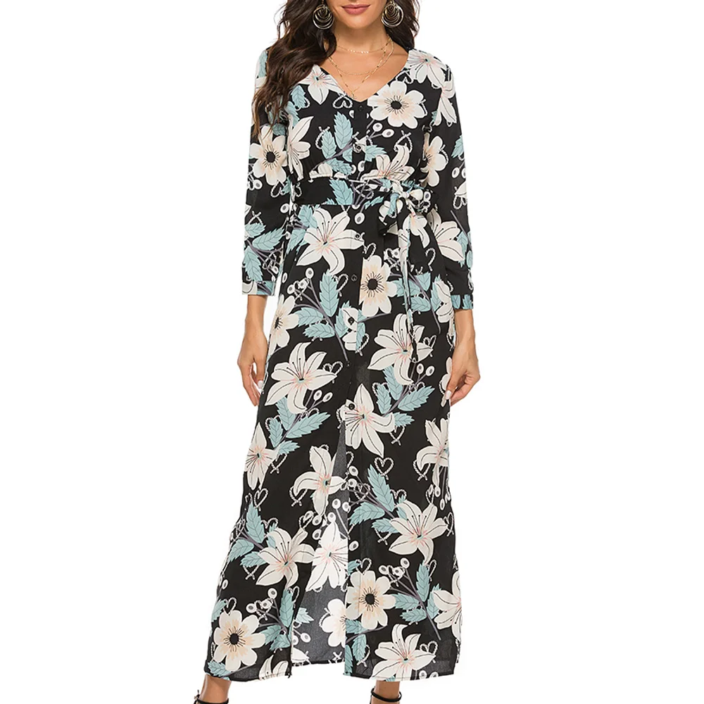 

VICABO Women Dress Floral Printed Long Sleeve V-Neck Slim Fit Dress Autumn Ladies Casual Loose Lace Up High Split Maxi Dresses