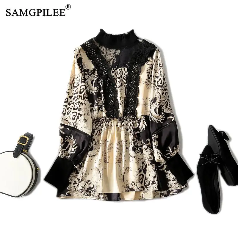 

Ladies Tops And Blouses 2021 new Office Lady Chiffon Full sleeve Print O-neck Plus Size Women Korean Blouse Vadim 4XL